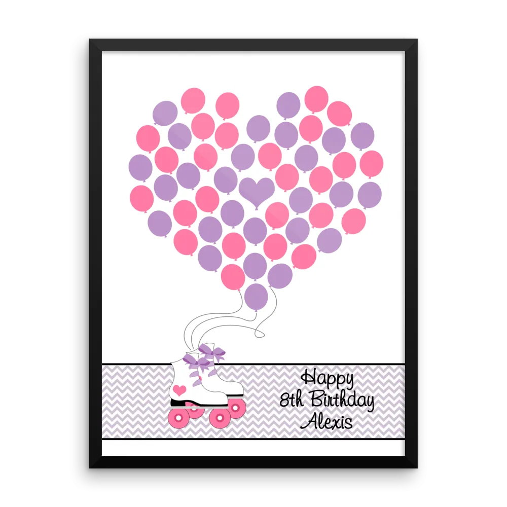 Personalized Birthday Guest Book Alternative - Roller Skate With Bows Balloons - Customized Poster, Print, Framed or Canvas, 50 Signatures