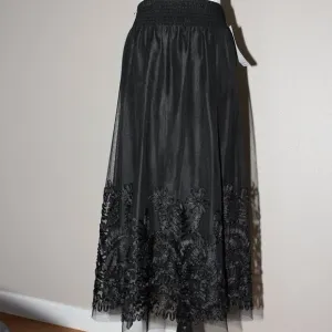 Peter Nygard Womens Black Tulle Ribbon Embroidery Long Skirt Size 6 Dark Fairy