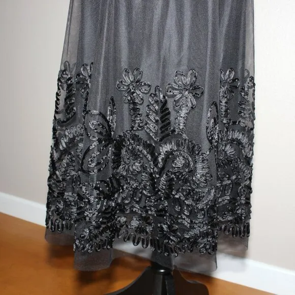 Peter Nygard Womens Black Tulle Ribbon Embroidery Long Skirt Size 6 Dark Fairy