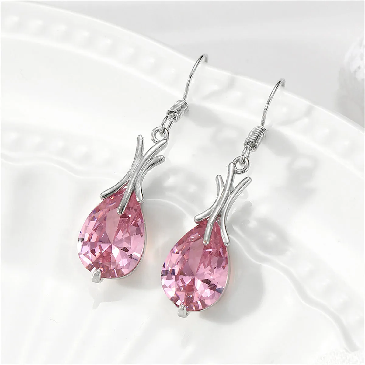 Pink Crystal & Silver-Plated Hook Drop Earrings