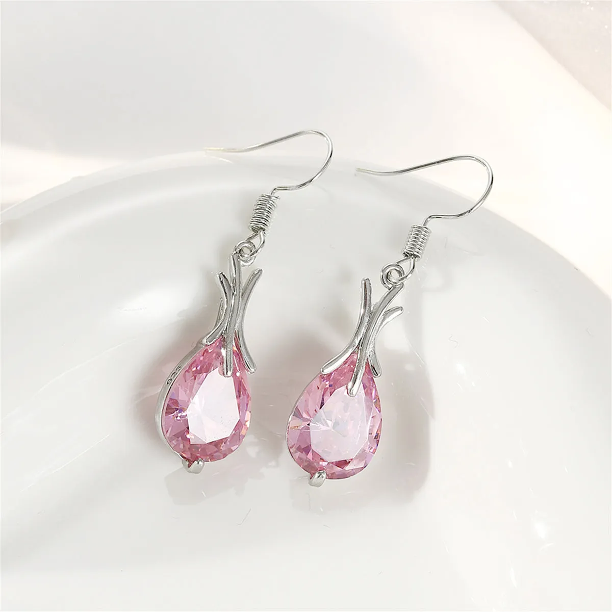 Pink Crystal & Silver-Plated Hook Drop Earrings