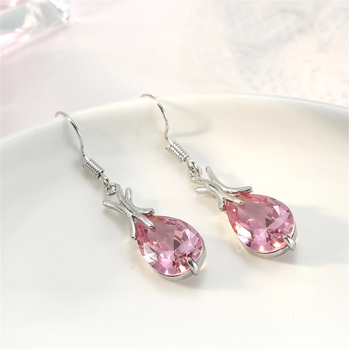 Pink Crystal & Silver-Plated Hook Drop Earrings
