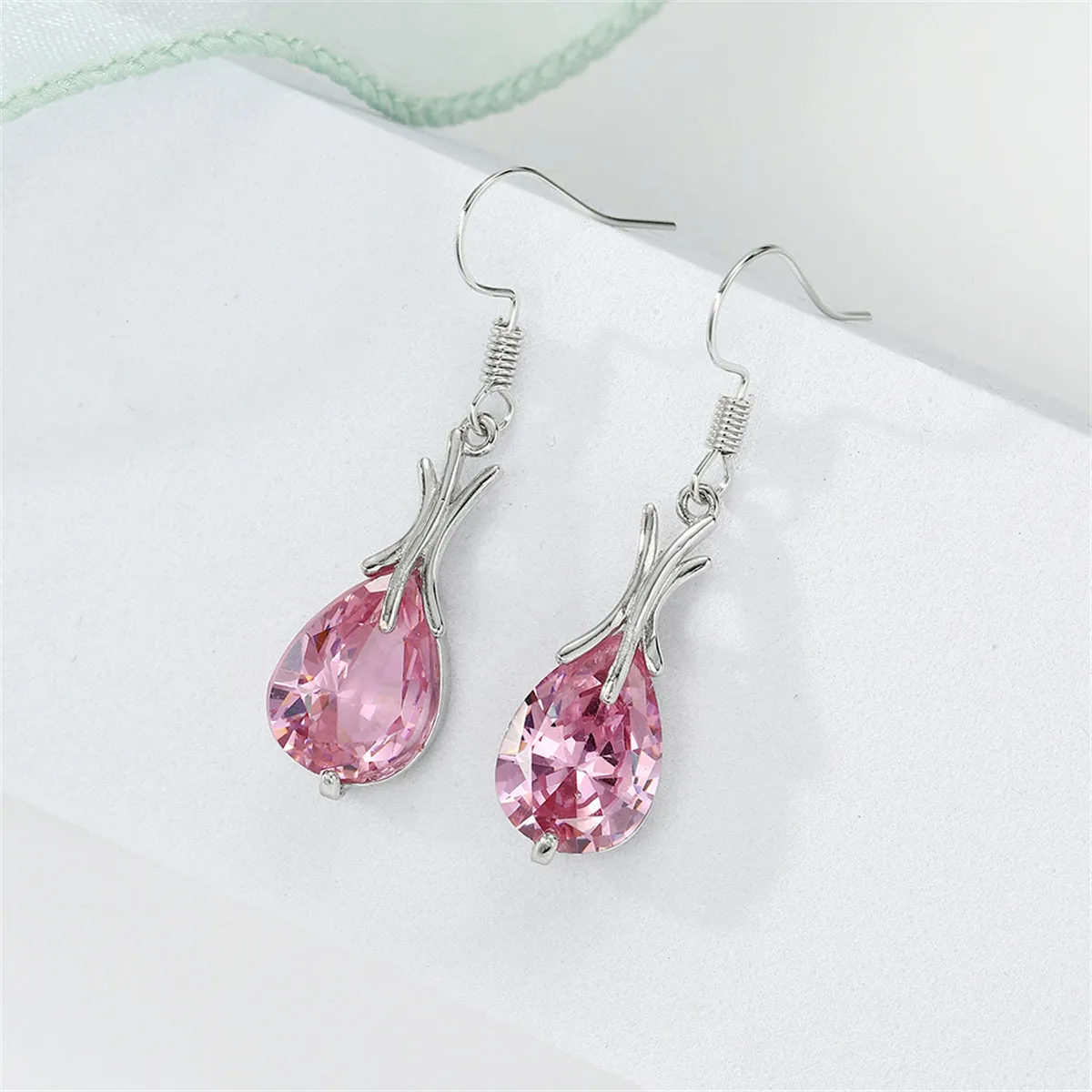 Pink Crystal & Silver-Plated Hook Drop Earrings