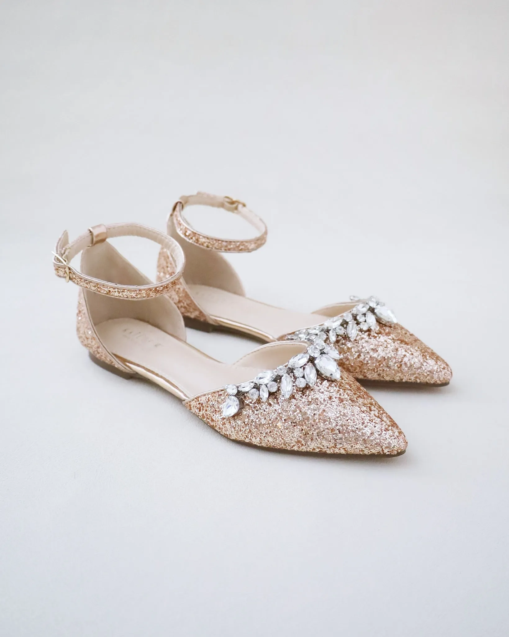 Pointy Toe Glitter Ankle Strap Flats with Teardrop Rhinestones