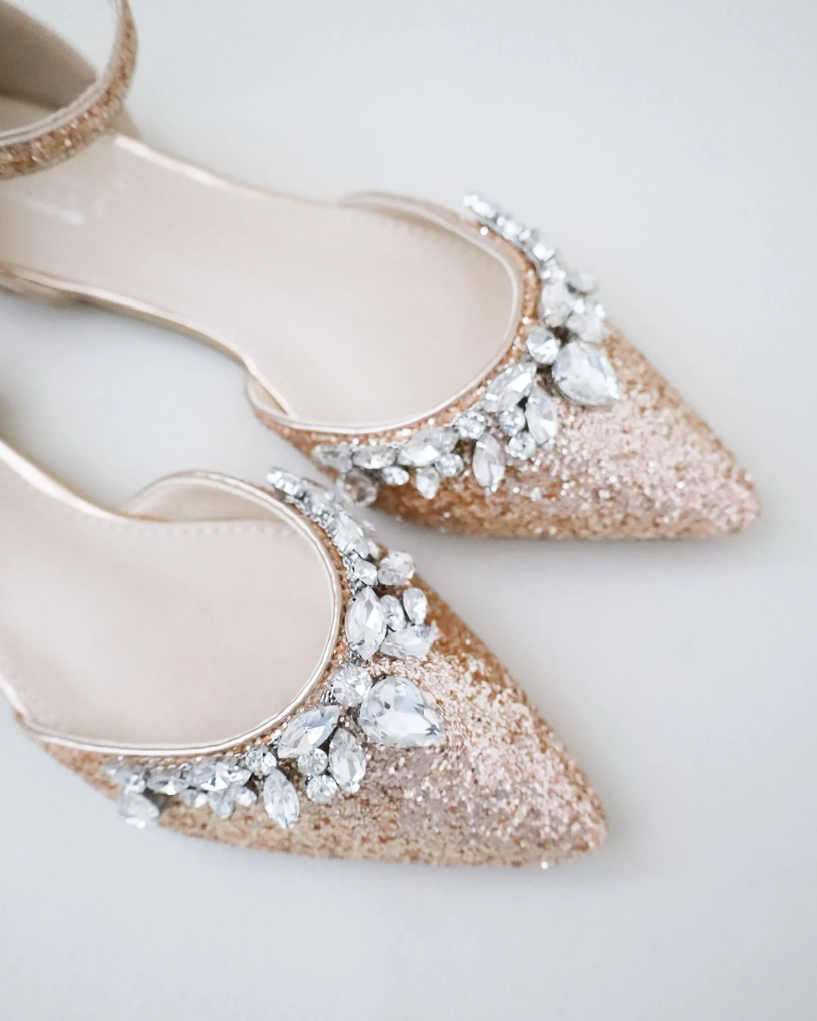 Pointy Toe Glitter Ankle Strap Flats with Teardrop Rhinestones