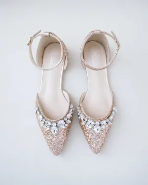 Pointy Toe Glitter Ankle Strap Flats with Teardrop Rhinestones