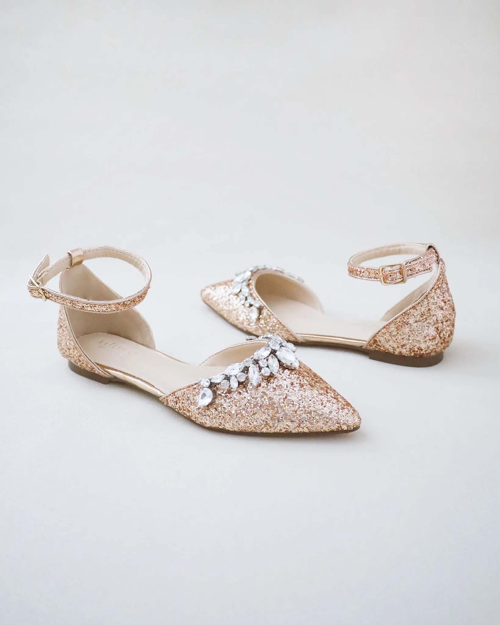 Pointy Toe Glitter Ankle Strap Flats with Teardrop Rhinestones
