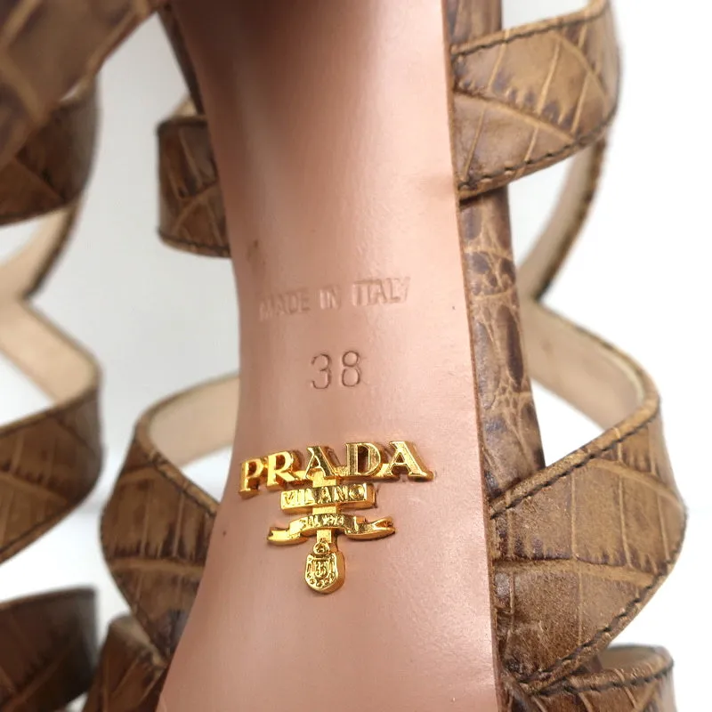 Prada Platform Sandals Brown Croc-Embossed Leather Size 38 Slingback Heels