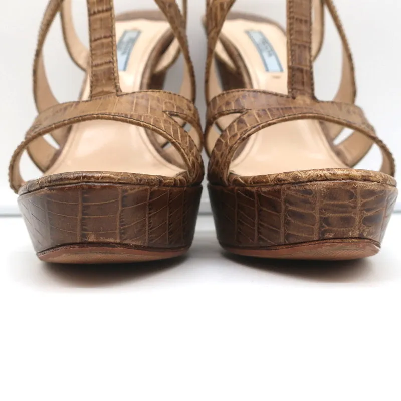 Prada Platform Sandals Brown Croc-Embossed Leather Size 38 Slingback Heels