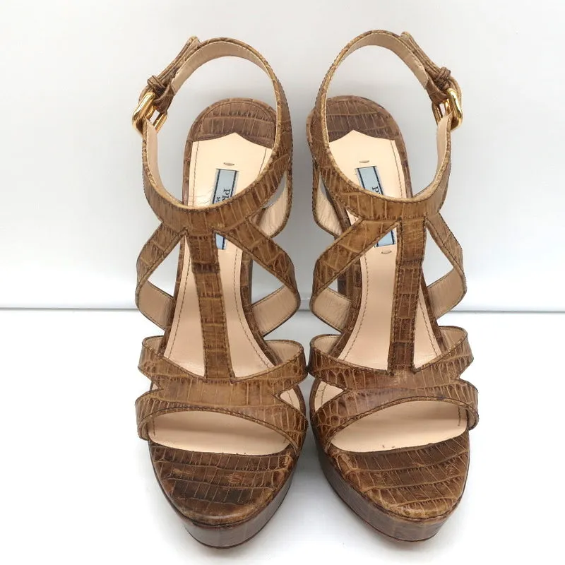 Prada Platform Sandals Brown Croc-Embossed Leather Size 38 Slingback Heels