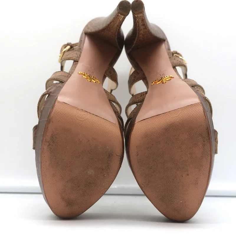Prada Platform Sandals Brown Croc-Embossed Leather Size 38 Slingback Heels