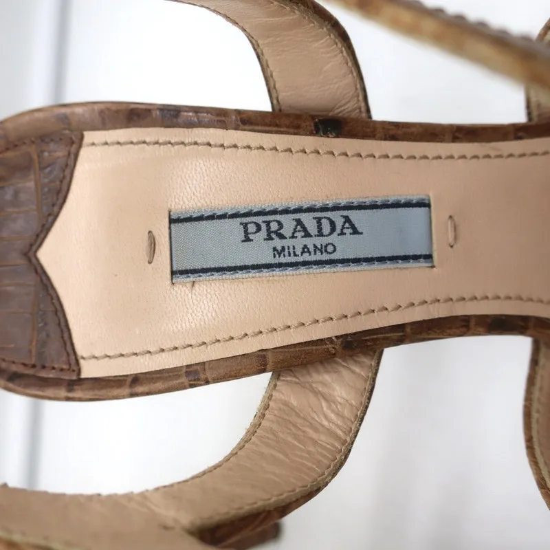 Prada Platform Sandals Brown Croc-Embossed Leather Size 38 Slingback Heels