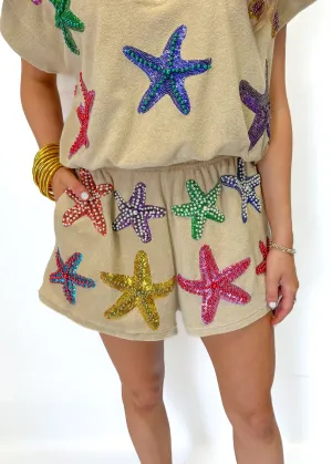 Queen of Sparkles Beige Terry Cloth Beaded Starfish Short