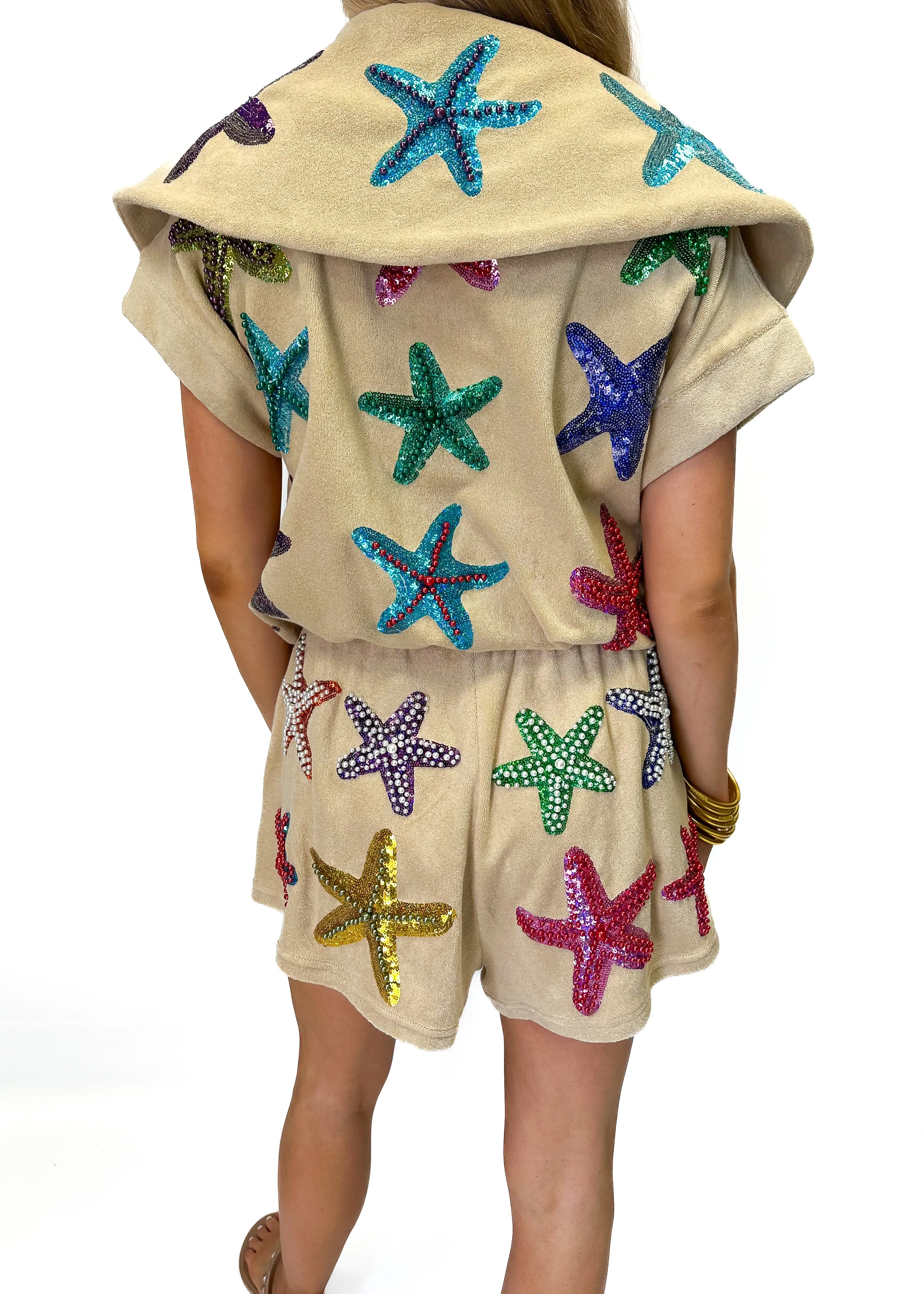 Queen of Sparkles Beige Terry Cloth Beaded Starfish Short