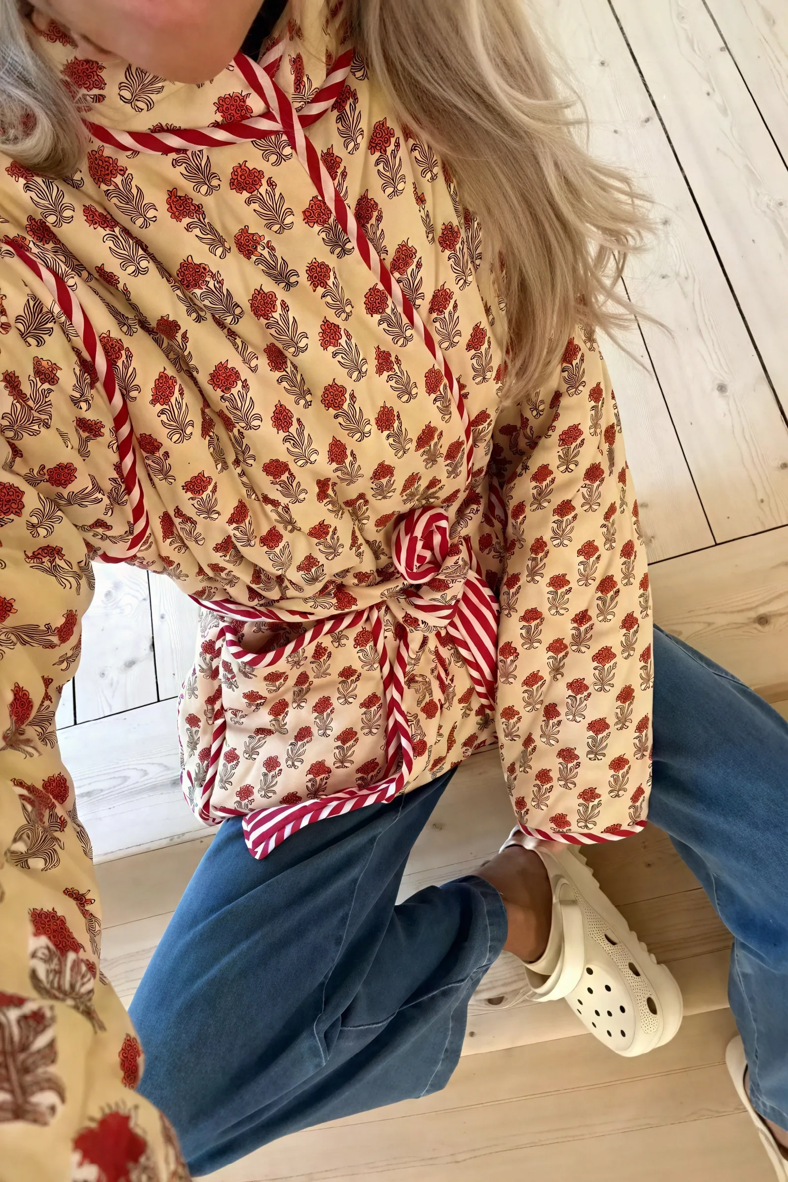 Quilted Floral Jacket with Striped Belt