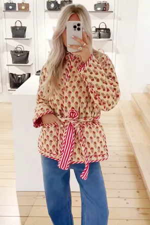 Quilted Floral Jacket with Striped Belt