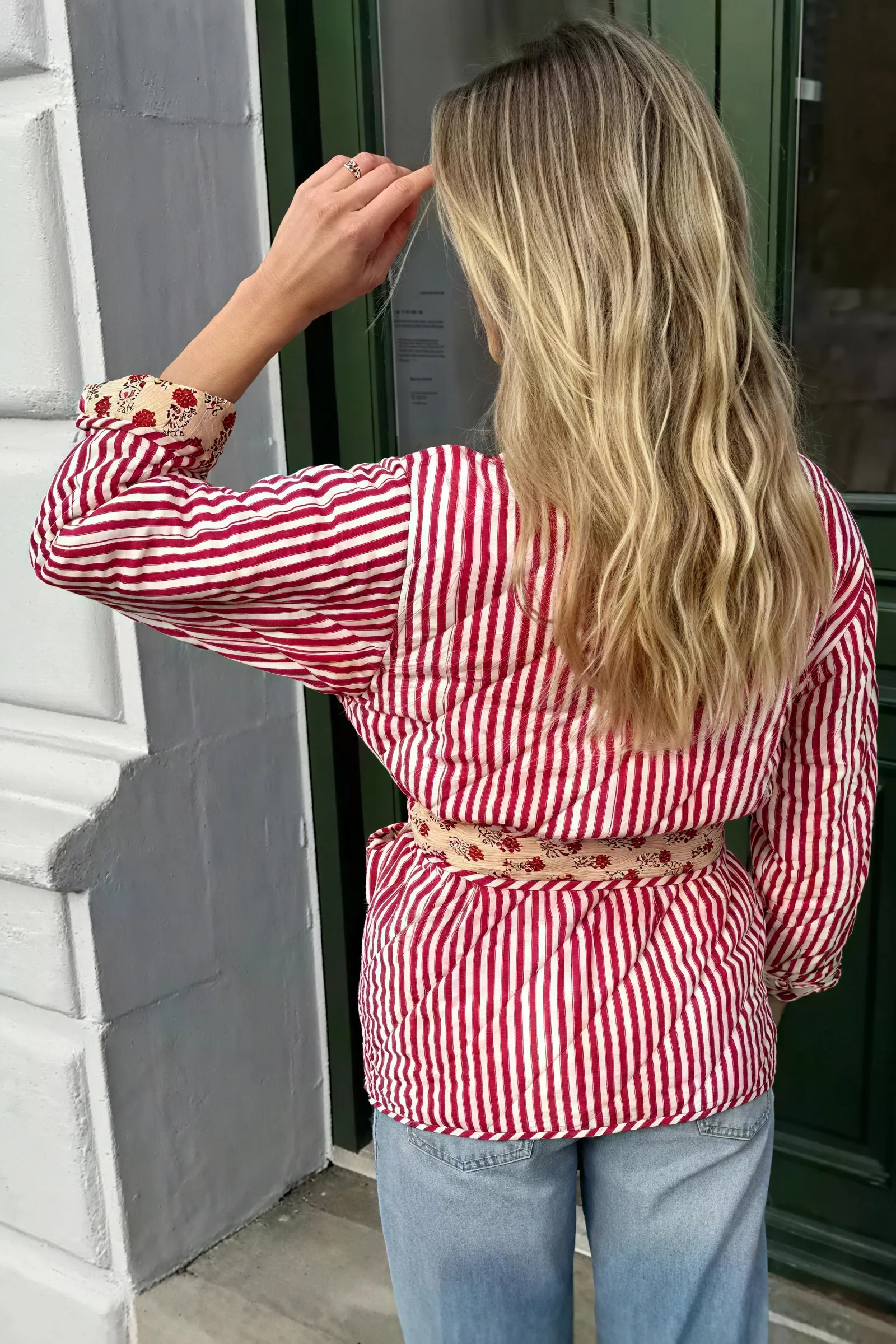 Quilted Floral Jacket with Striped Belt