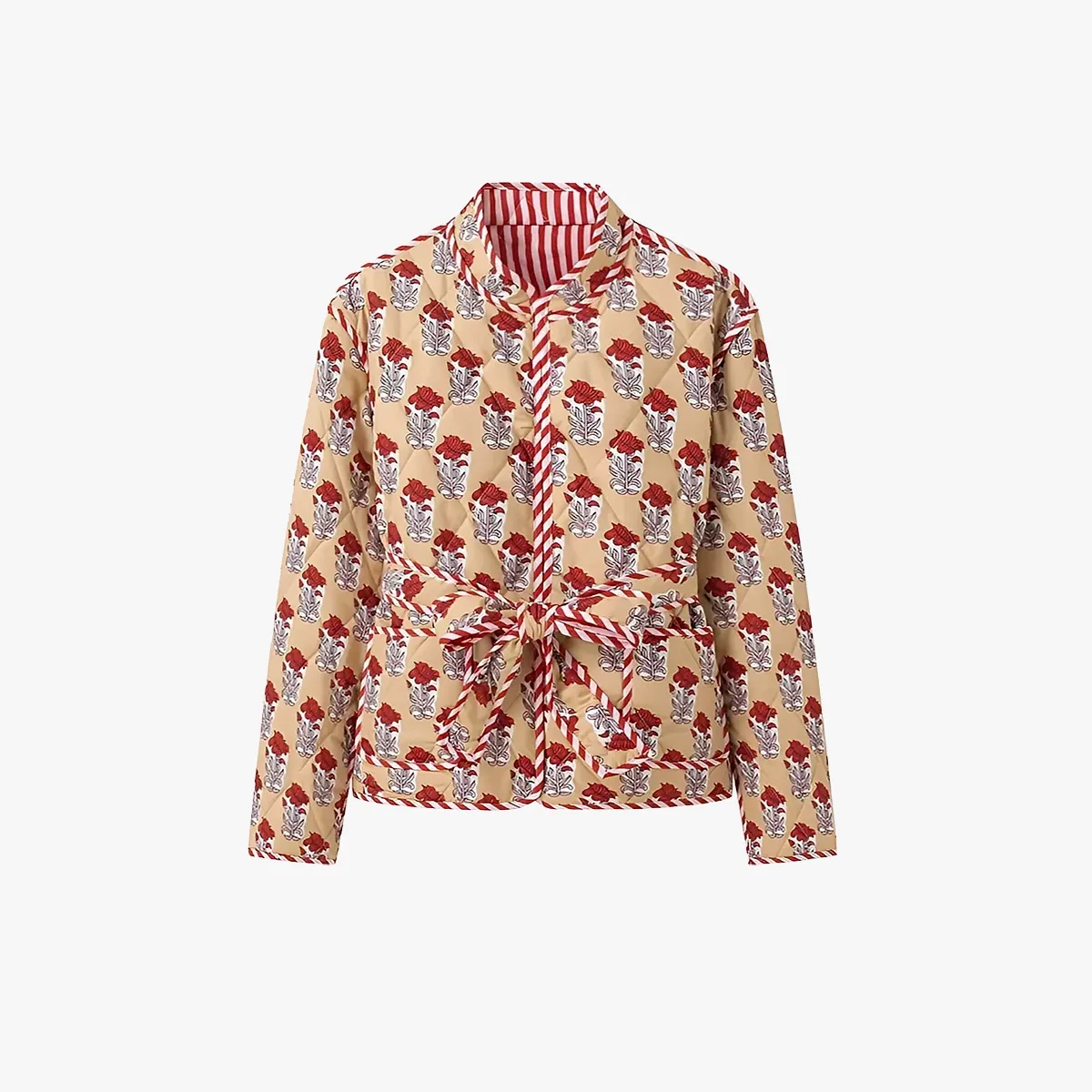 Quilted Floral Jacket with Striped Belt