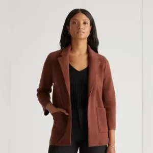 Quince 100% Organic Cotton Knit Blazer Brown Women's Medium Pockets