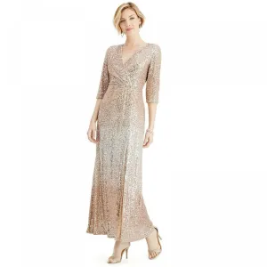 R&M Richards Women's Wrap V-Neck Sequin Dress Gown