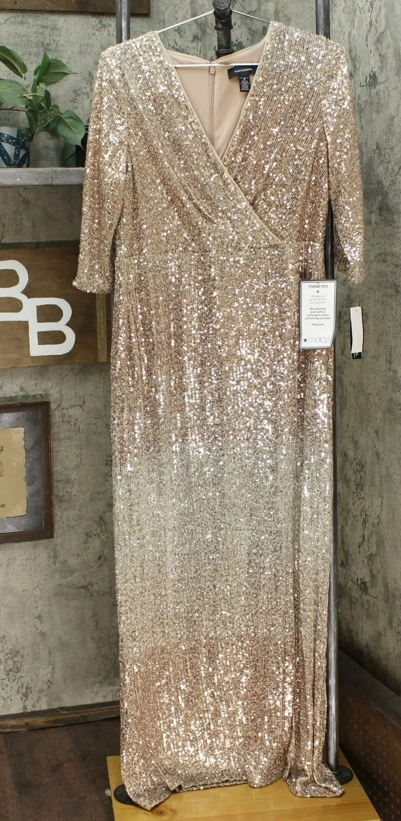 R&M Richards Women's Wrap V-Neck Sequin Dress Gown
