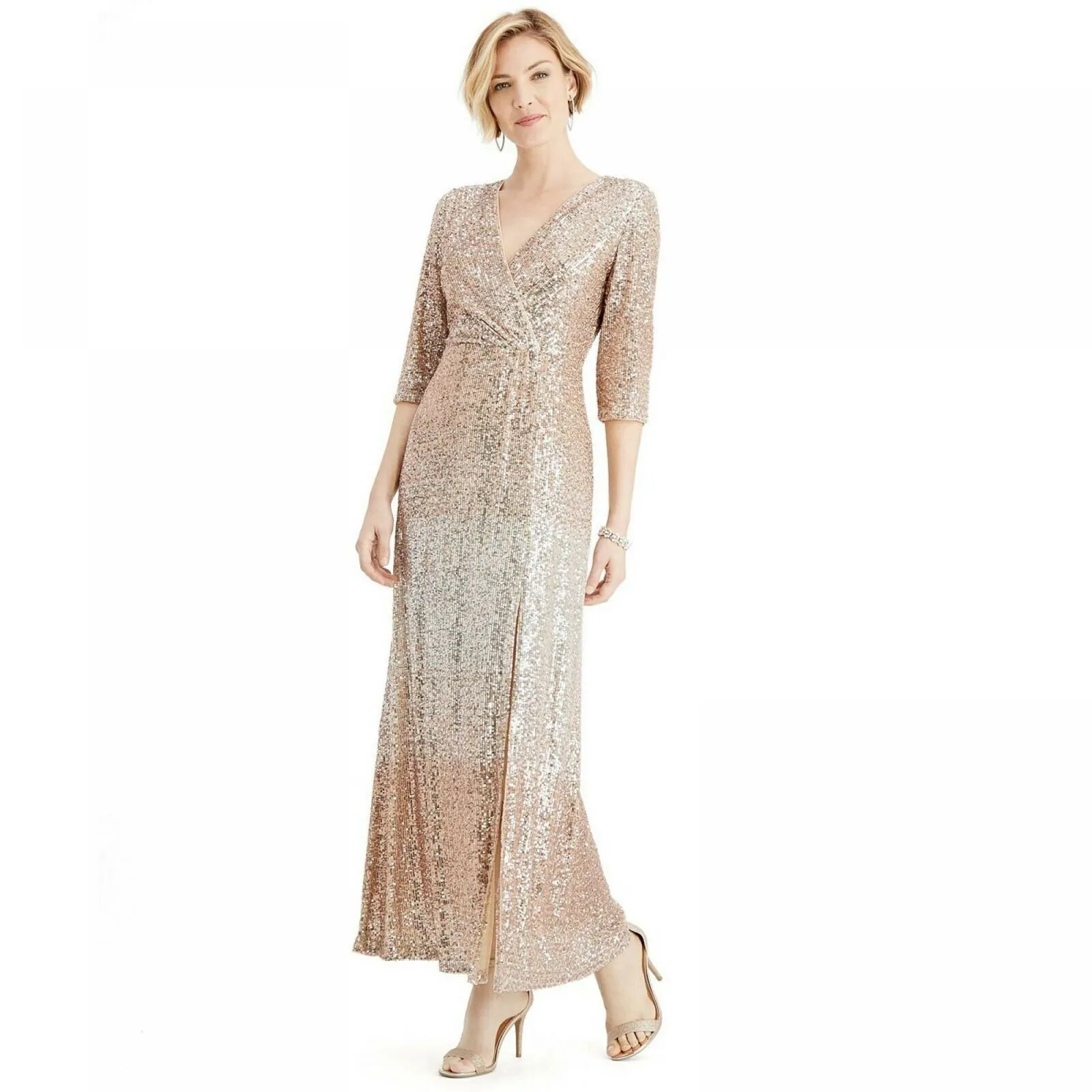 R&M Richards Women's Wrap V-Neck Sequin Dress Gown