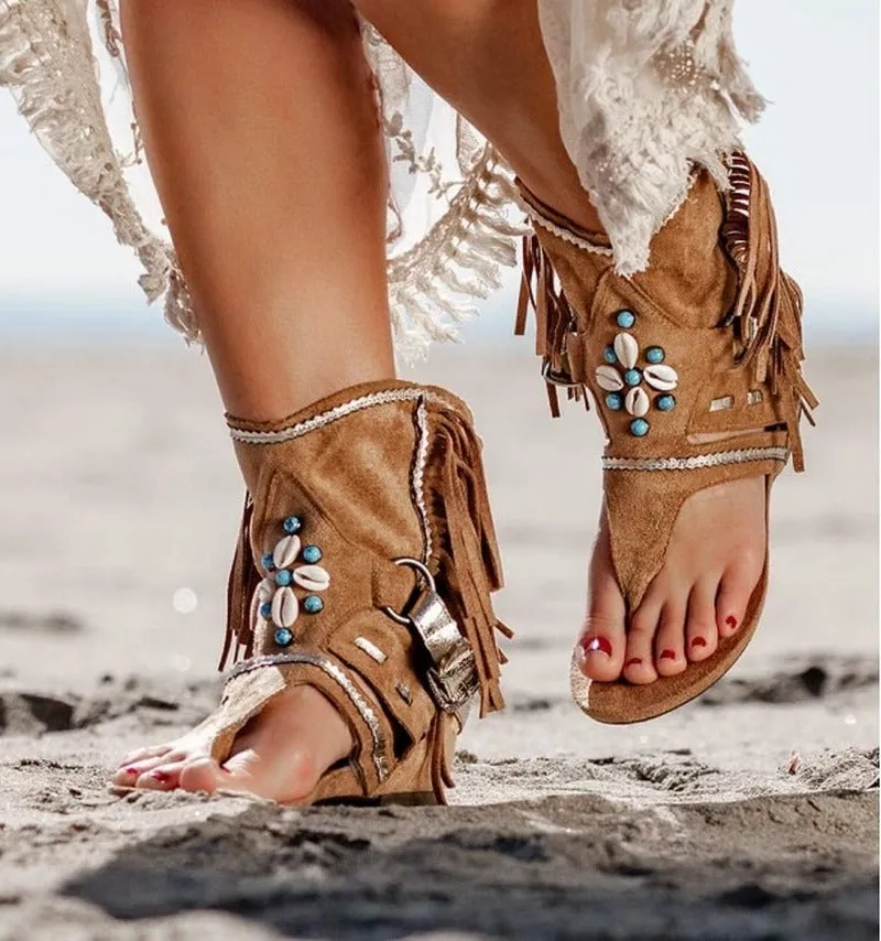 Retro Fringe Flower Wedges Shoes Solid Flock Beach Casual Sandals Summer Flip Flop Sandals