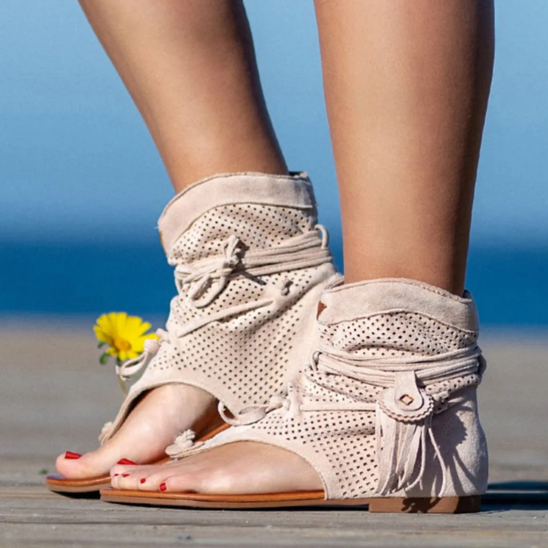 Retro Fringe Flower Wedges Shoes Solid Flock Beach Casual Sandals Summer Flip Flop Sandals