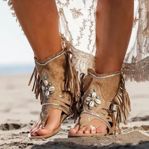 Retro Fringe Flower Wedges Shoes Solid Flock Beach Casual Sandals Summer Flip Flop Sandals