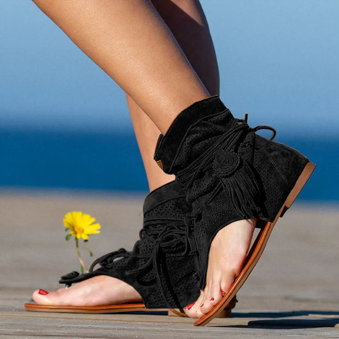 Retro Fringe Flower Wedges Shoes Solid Flock Beach Casual Sandals Summer Flip Flop Sandals
