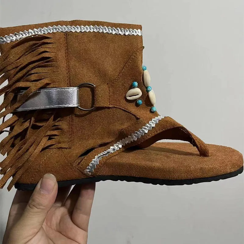 Retro Fringe Flower Wedges Shoes Solid Flock Beach Casual Sandals Summer Flip Flop Sandals