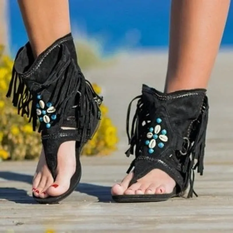 Retro Fringe Flower Wedges Shoes Solid Flock Beach Casual Sandals Summer Flip Flop Sandals