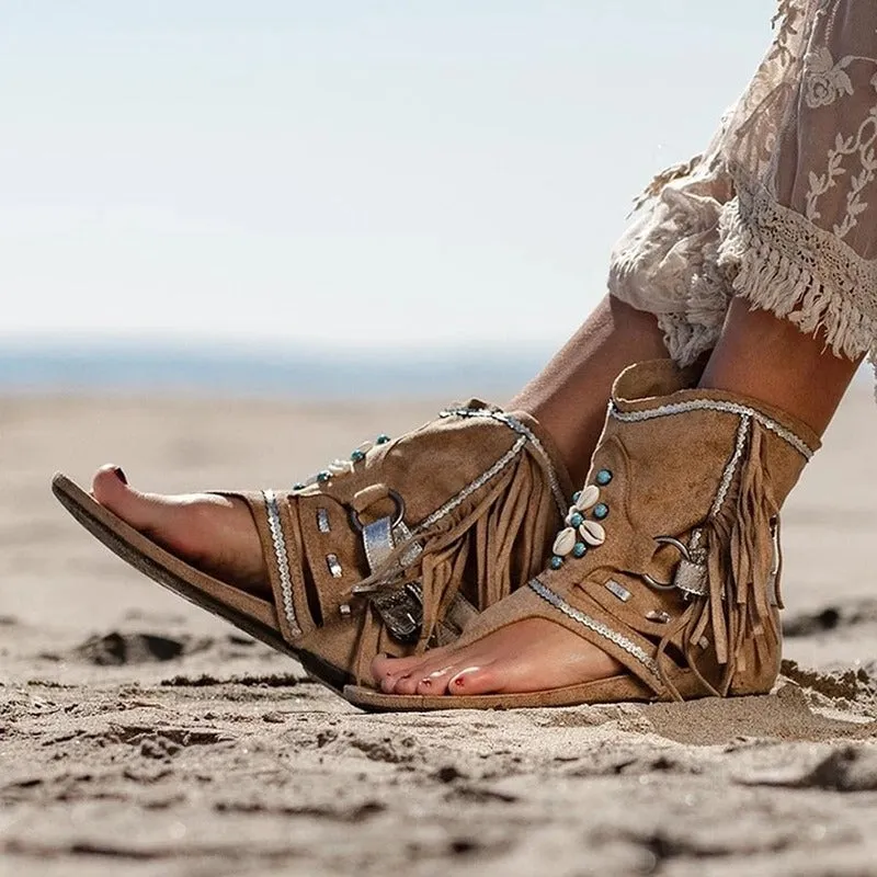 Retro Fringe Flower Wedges Shoes Solid Flock Beach Casual Sandals Summer Flip Flop Sandals