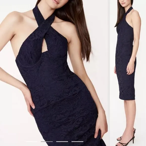Revolve Bardot NWT Sz US 8 M Navy Riviera Lace Corset Halter Dress Cocktail Sexy