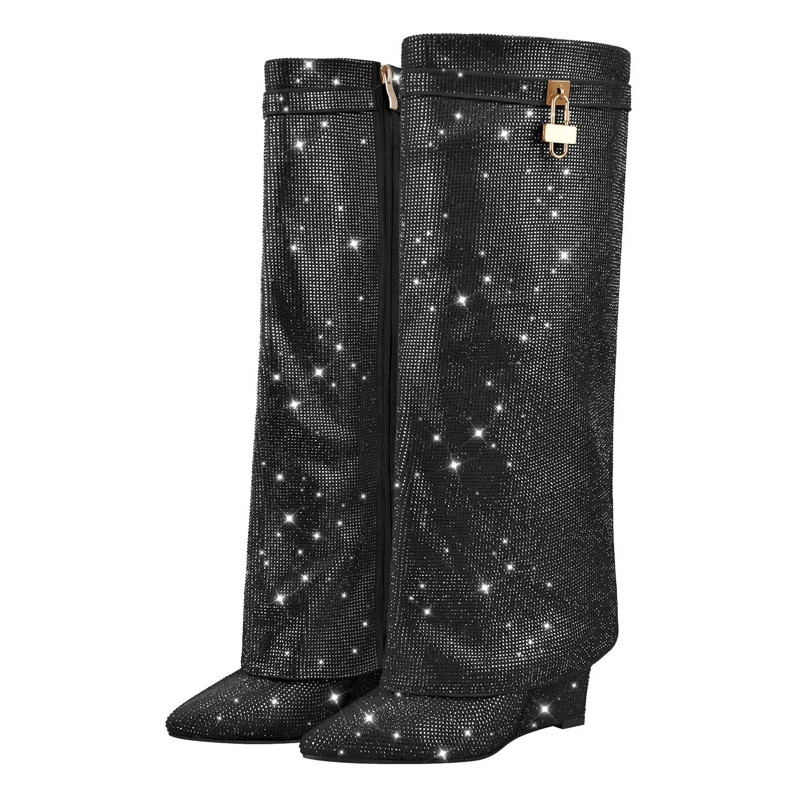 Rhinestone Wedge Fold Over Boots