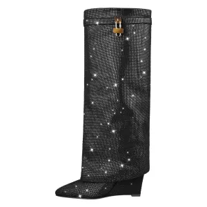 Rhinestone Wedge Fold Over Boots