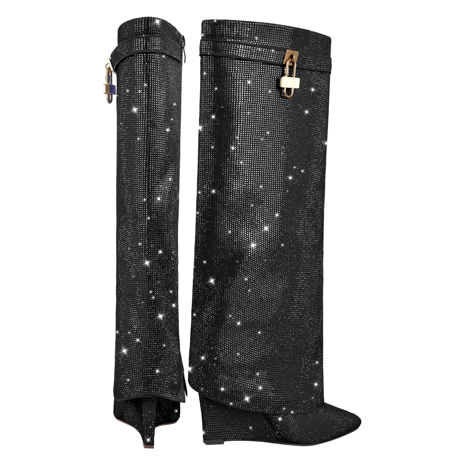 Rhinestone Wedge Fold Over Boots