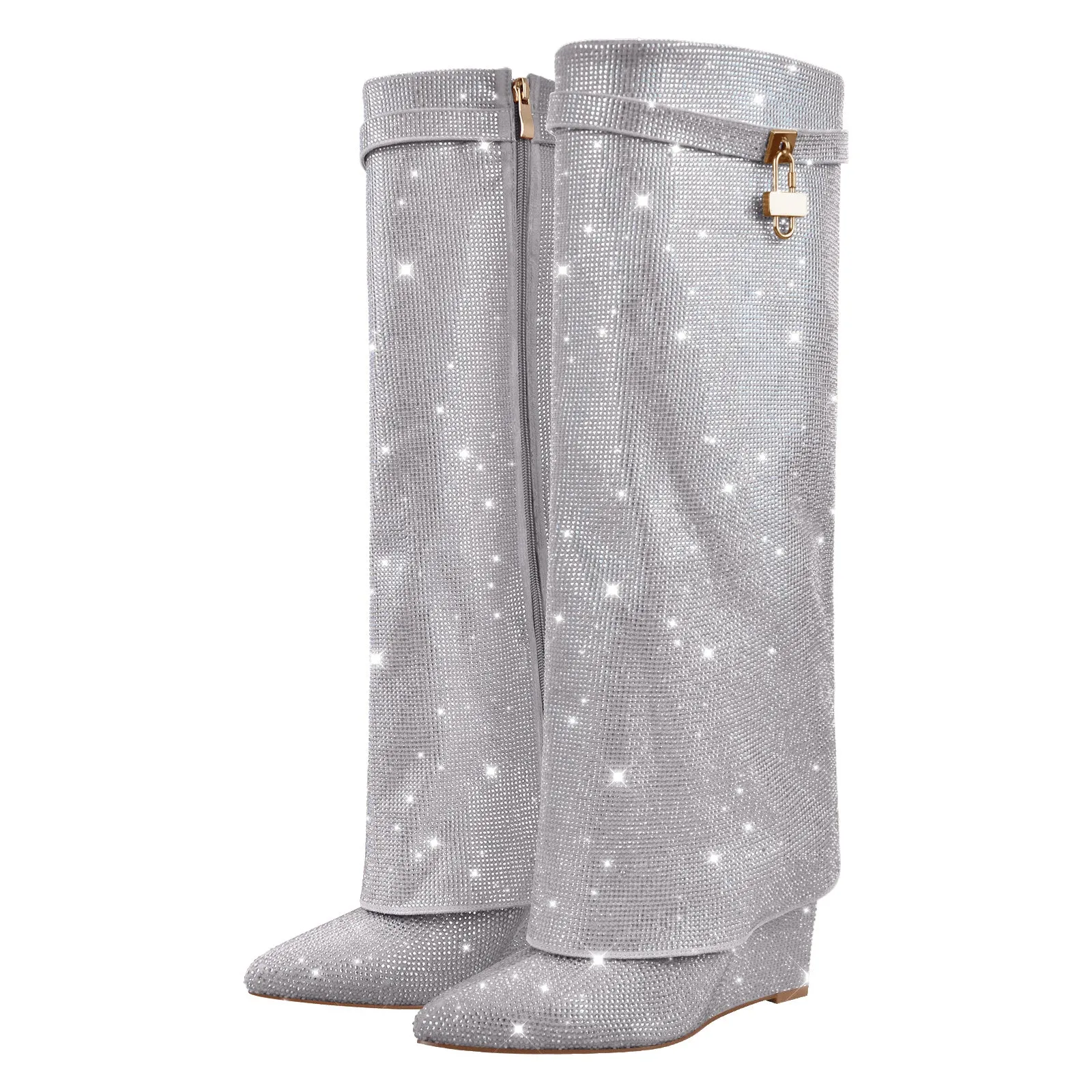 Rhinestone Wedge Fold Over Boots