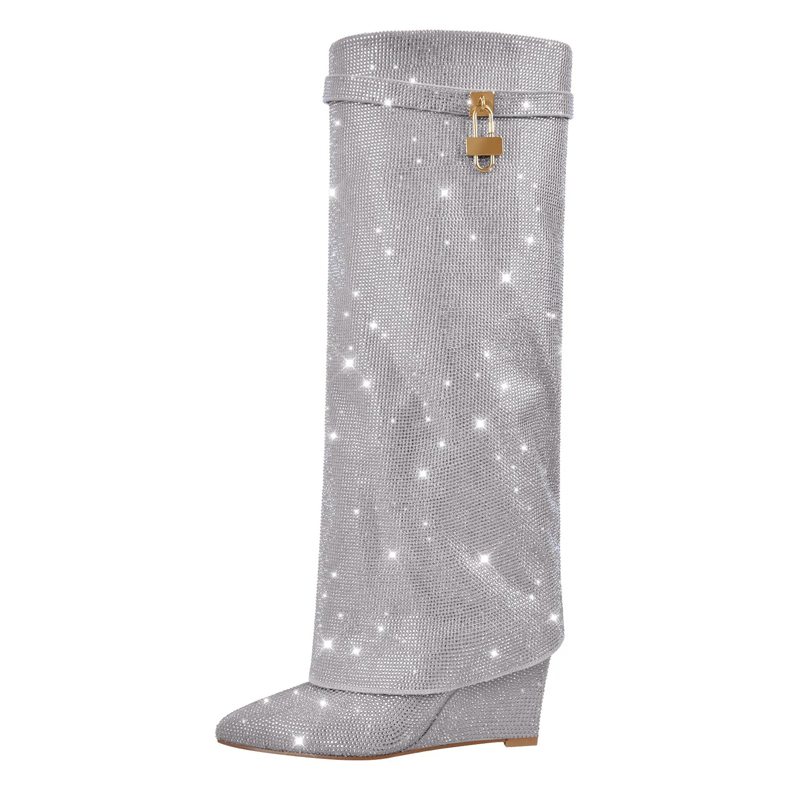Rhinestone Wedge Fold Over Boots