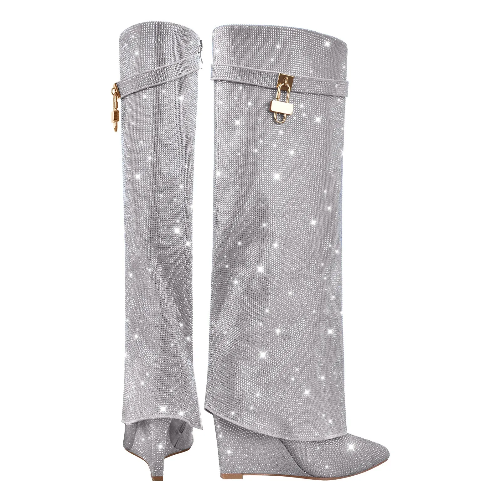 Rhinestone Wedge Fold Over Boots