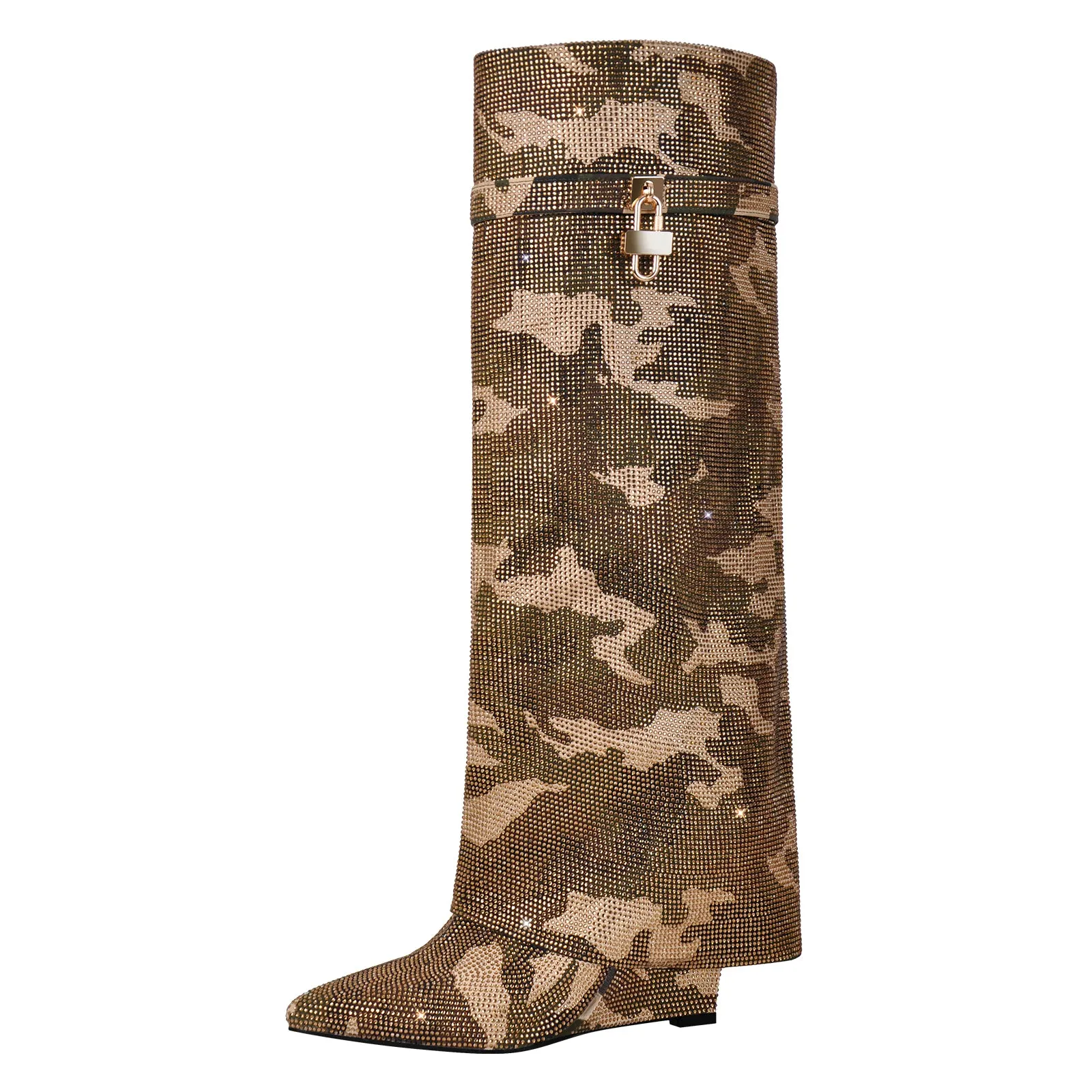 Rhinestone Wedge Fold Over Boots