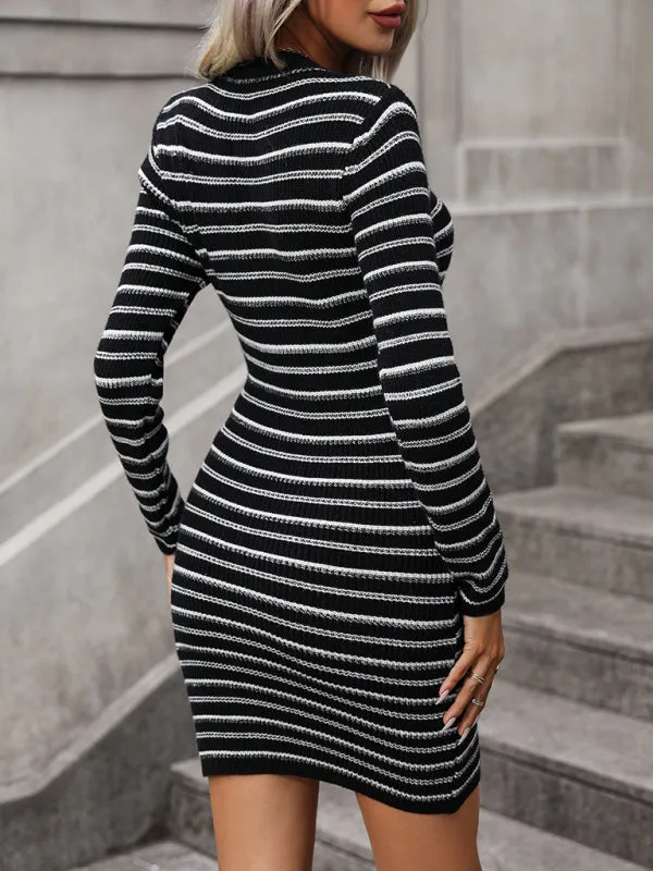 Ribbed Knit Women's Sweater Dress with Striped Pattern