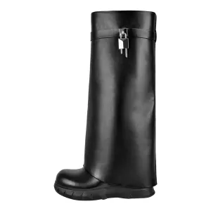 Round Toe Wedge Heel Fold Over Boots