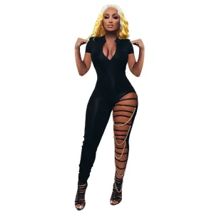 Roxy Short Sleeve Zip-Up Chain Detail Cutout Leg Jumpsuit