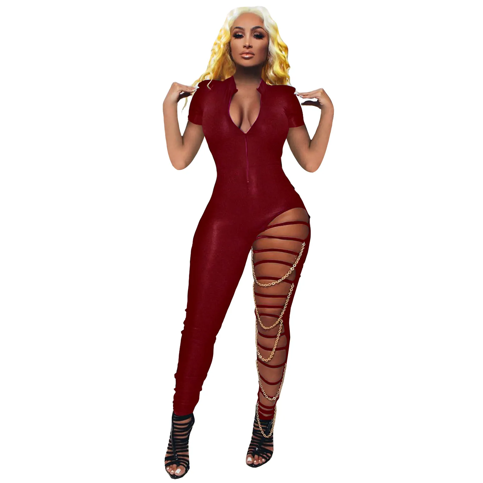 Roxy Short Sleeve Zip-Up Chain Detail Cutout Leg Jumpsuit
