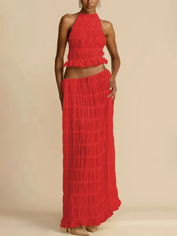 Ruffle Me Not Two Piece Skirt Set| Backless Ruffle Crop Top| Two Piece Maxi Dress| Coord Sets Women