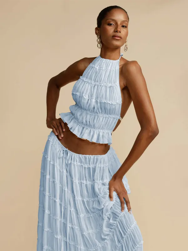 Ruffle Me Not Two Piece Skirt Set| Backless Ruffle Crop Top| Two Piece Maxi Dress| Coord Sets Women