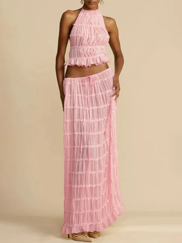 Ruffle Me Not Two Piece Skirt Set| Backless Ruffle Crop Top| Two Piece Maxi Dress| Coord Sets Women