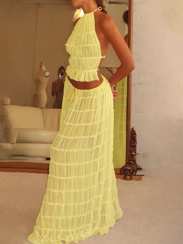 Ruffle Me Not Two Piece Skirt Set| Backless Ruffle Crop Top| Two Piece Maxi Dress| Coord Sets Women