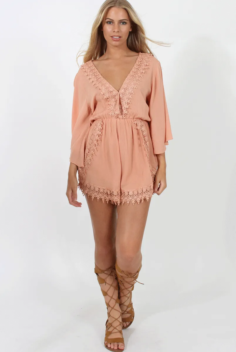 Salmon Low Cut Crochet Playsuit - Evelyn